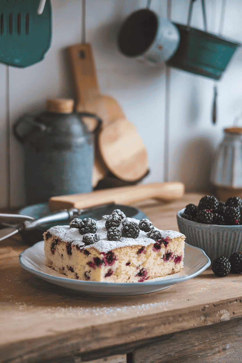 Indoor rustic kitchen with a square of blackberry cake dusted lightly with powdered sugar, flecks of berry throughout. No text or logos. Photo only.