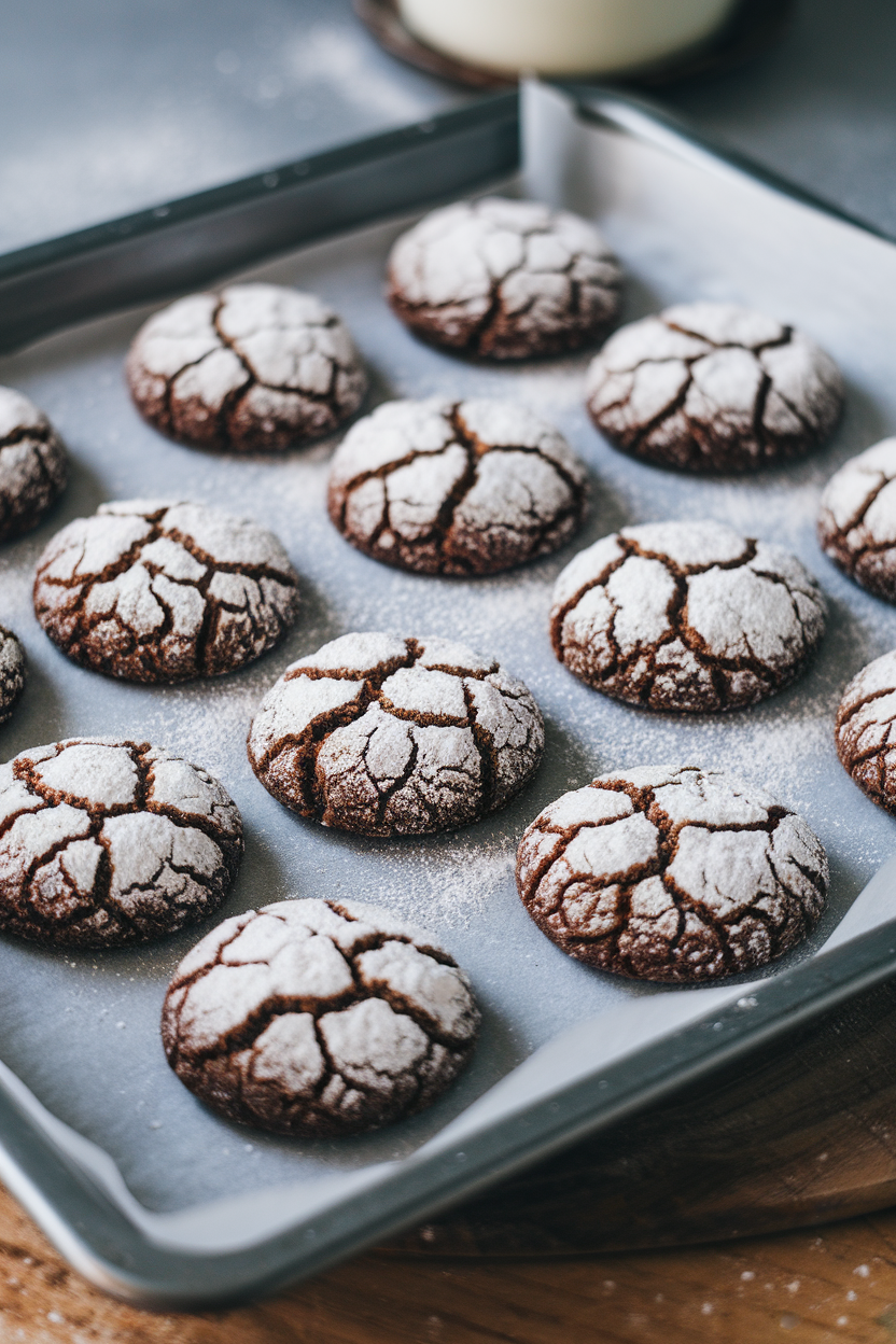 Indoor photo of dark molasses cookies with crackled powdered-sugar tops on a baking tray. No text or logos.
