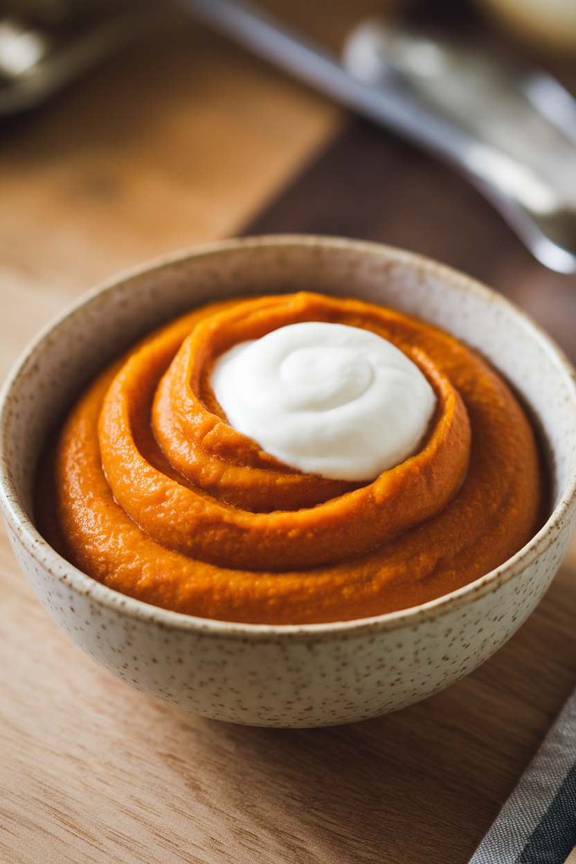 Indoor bowl of deep orange roasted pumpkin purée with a swirl of coconut cream on top. No text or logos; photo only.
