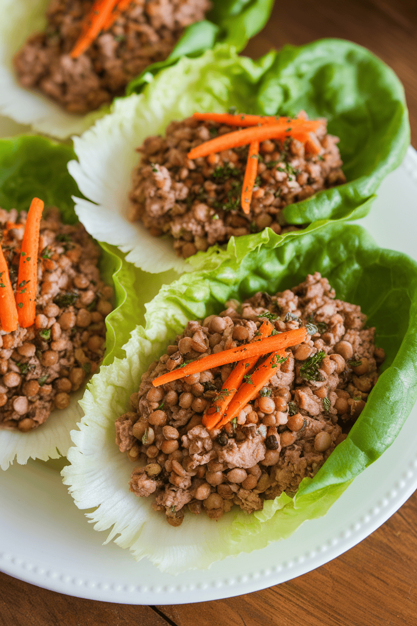 Indoor tabletop scene of crisp lettuce leaves filled with ground turkey and lentil mixture, garnished with shredded carrots. Photo only, no text or branding.