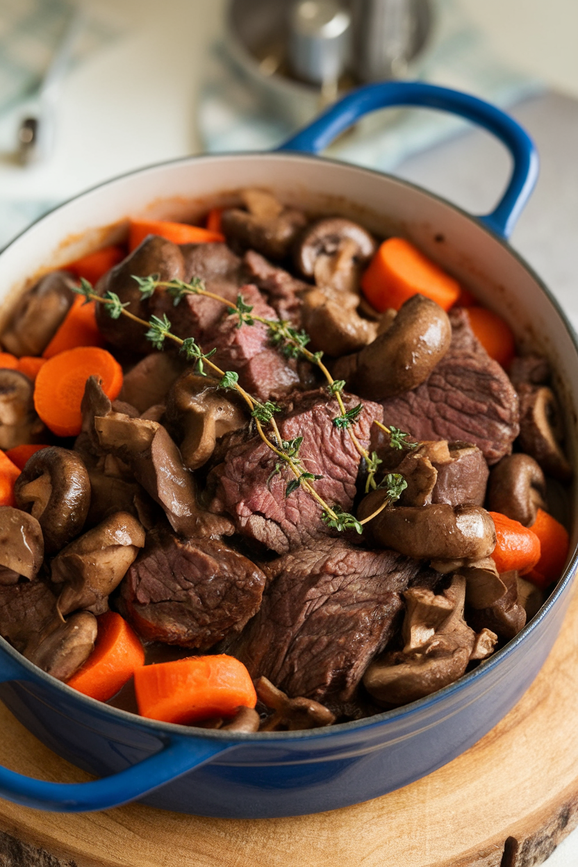 Indoor photo of a deep dish of beef bourguignon—beef, carrots, and mushrooms in glossy red wine sauce—garnished with thyme. No text or logos.