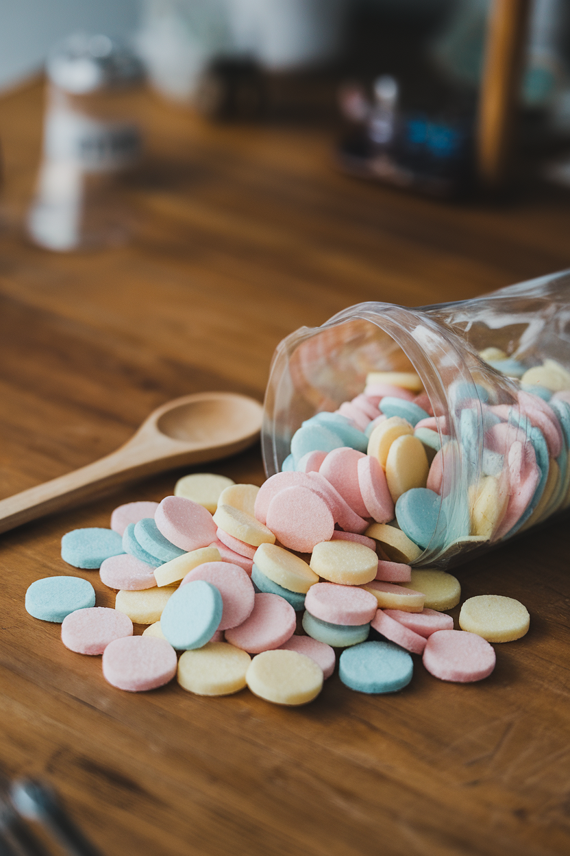Photo of indoor wooden table with pastel sugar wafer discs poured from a clear wrapper, no text