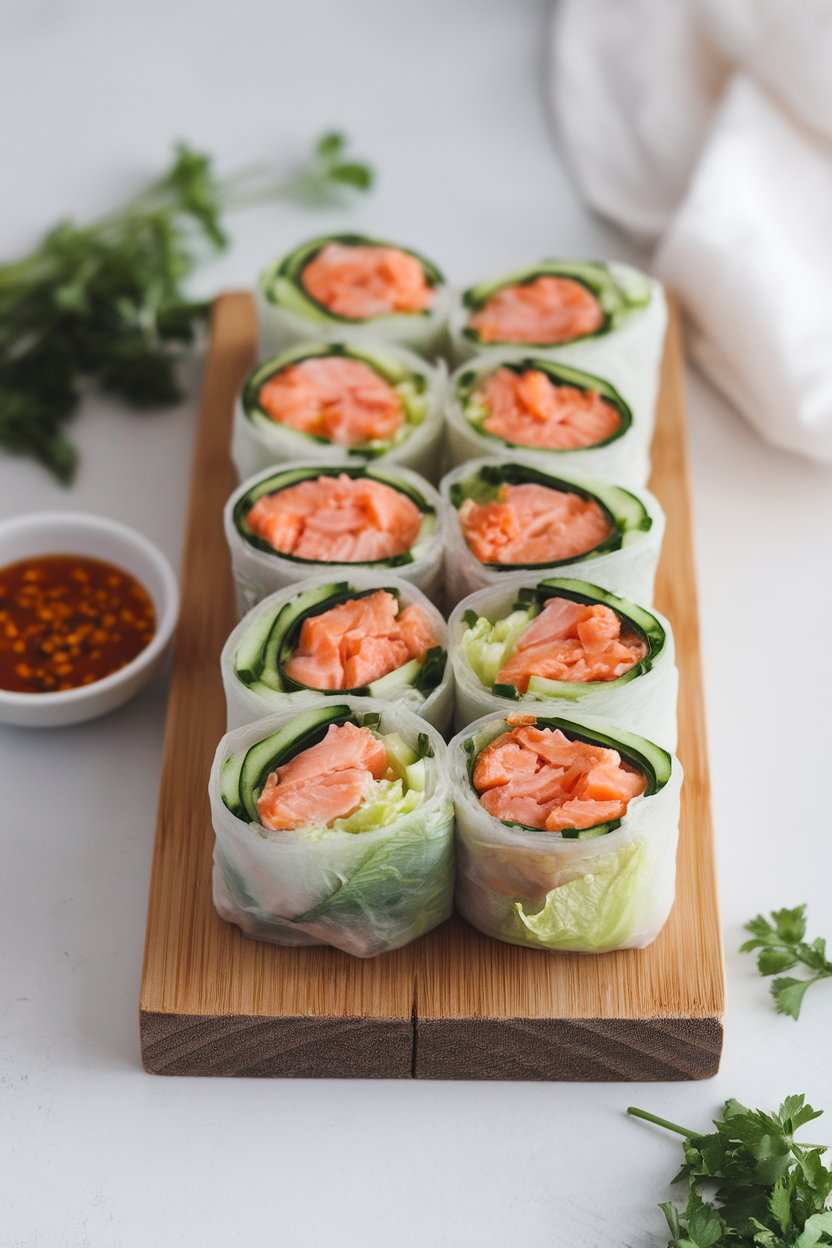 Indoor photo of rice paper rolls filled with cooked flaked salmon, julienned cucumber, and lettuce, served with sweet chili dipping sauce. No logos or text.