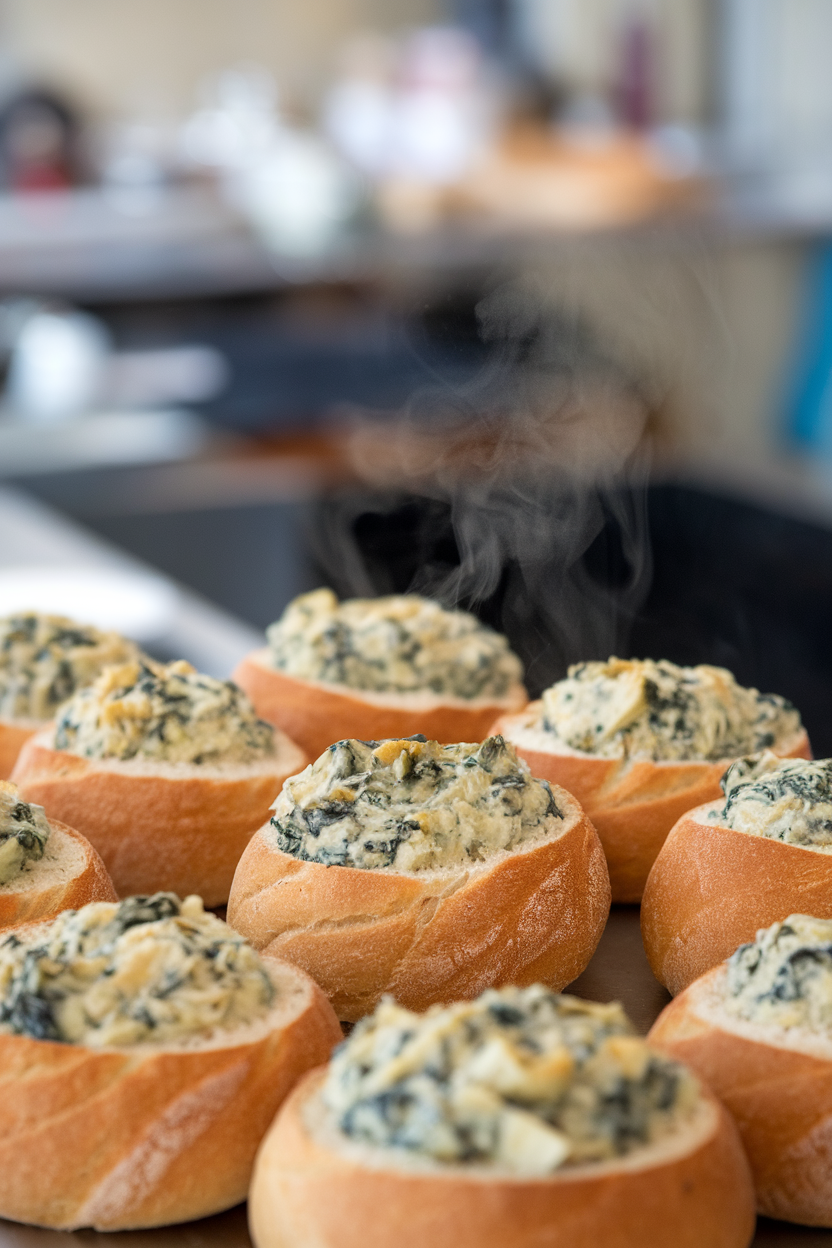 Small round bread loaves hollowed and filled with bubbling spinach artichoke dip, steam rising on an indoor counter. Photo, no text or logos.