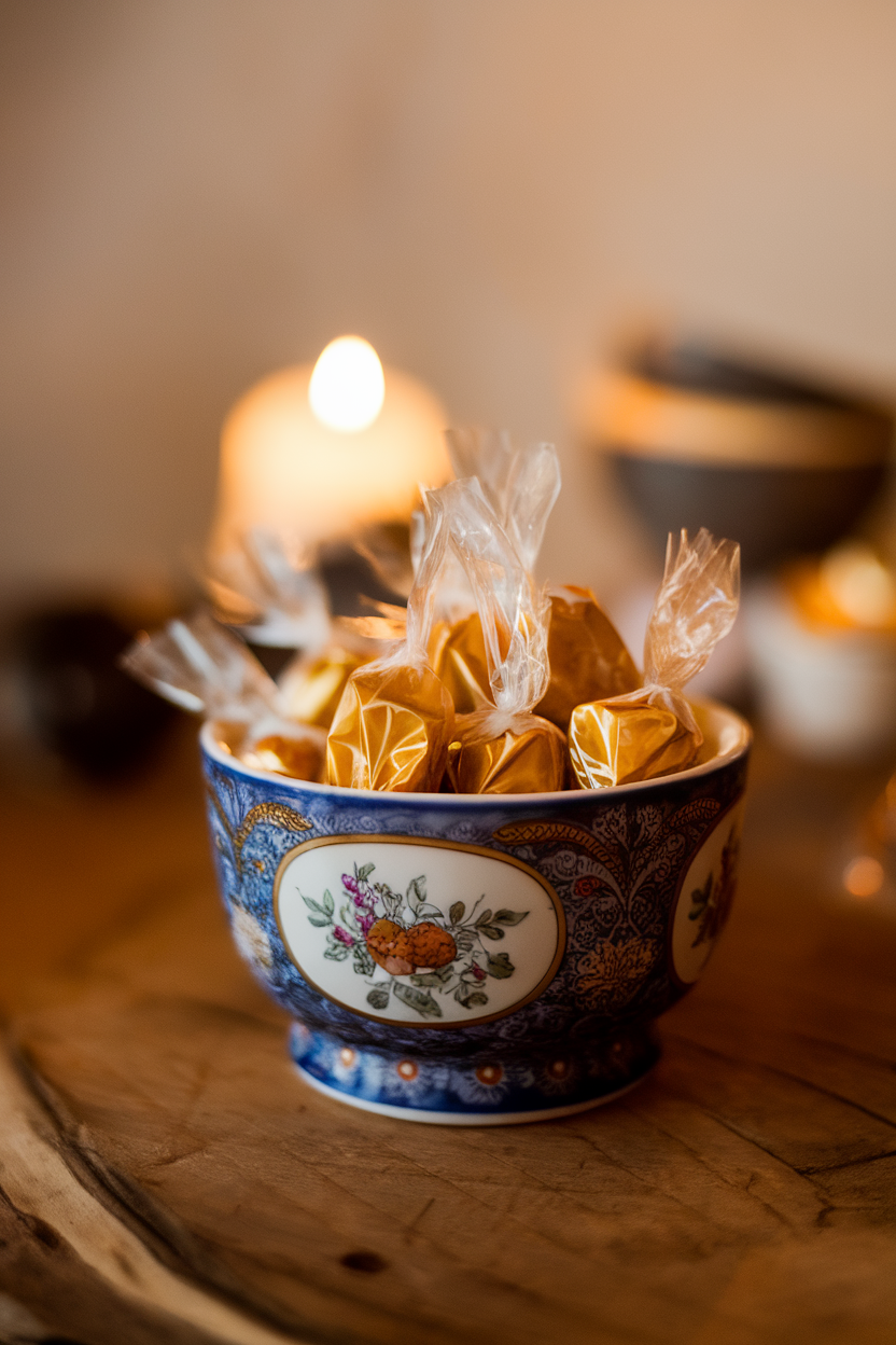 Photo of indoor porcelain dish holding golden hard caramels in clear wrappers, warm light, no logos