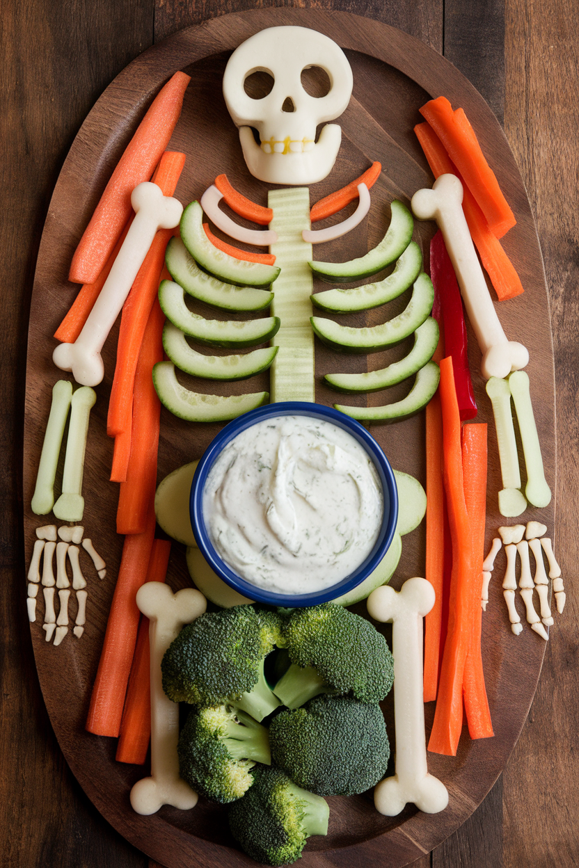 Indoor platter depicting a skeleton made of assorted fresh vegetables, small bowl of ranch dip as the skull. No text or logos.