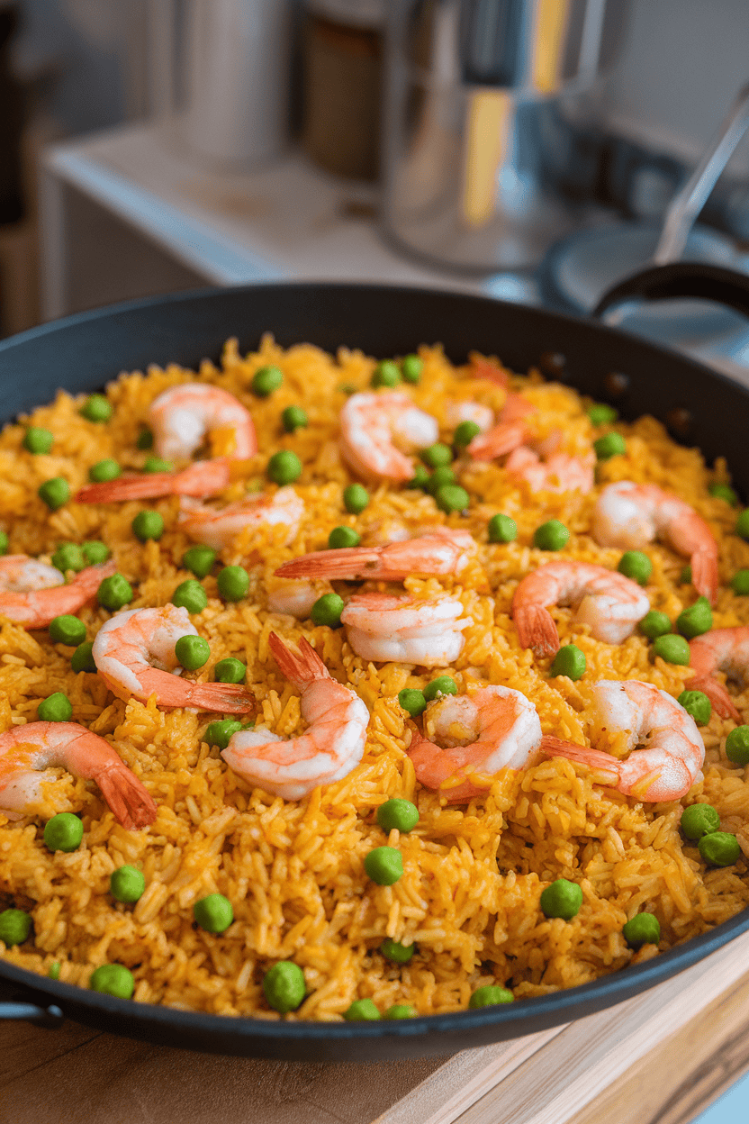 Indoor photo of saffron-colored rice with shrimp, chicken, and peas filling a wide cast-iron pan; no text or logos.