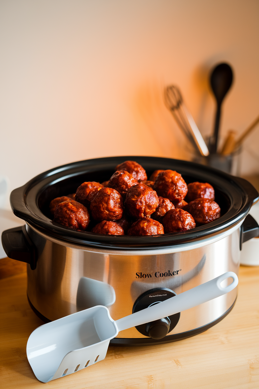 Indoor slow cooker filled with barbecue meatballs, a plastic shovel-style serving spoon resting nearby. Photo, no text or logos.