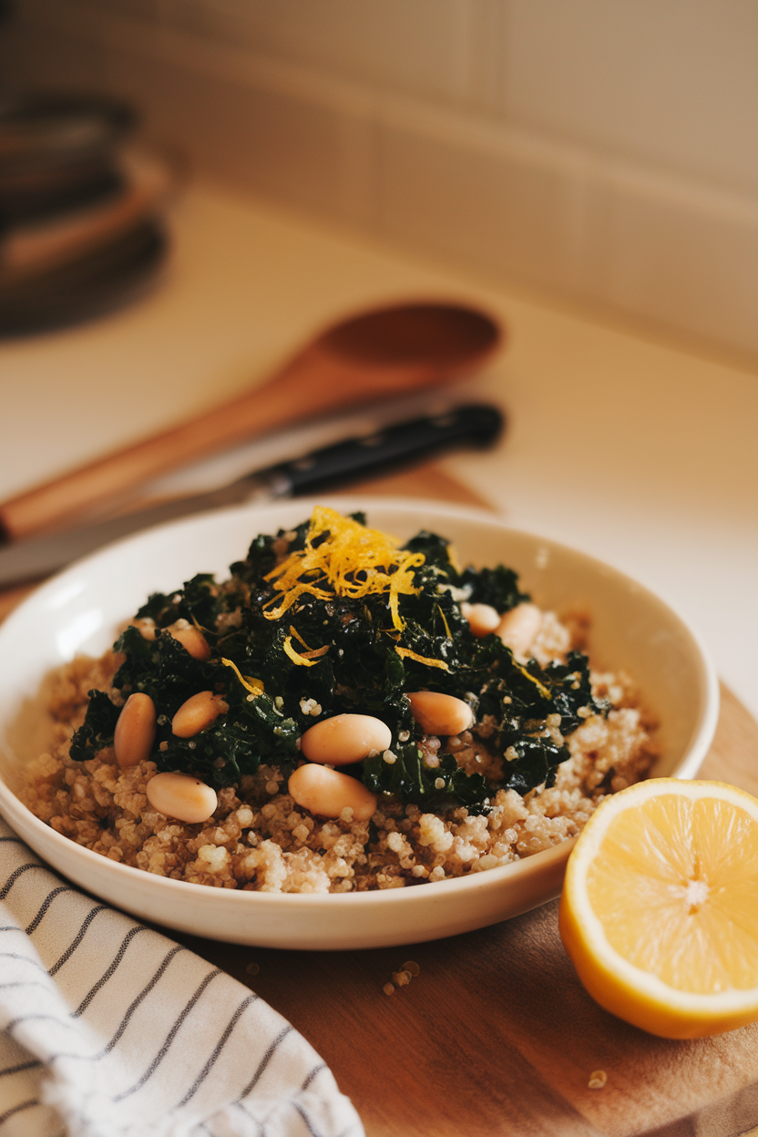 Warm indoor shot of sautéed kale and cannellini beans over quinoa with lemon zest. No logos or text.