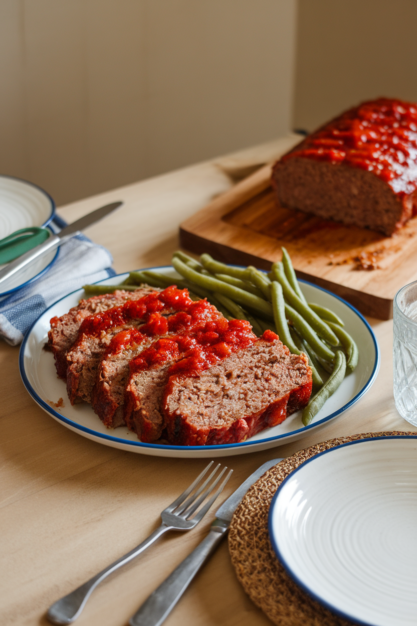 Cozy indoor table showcasing thick slices of meatloaf topped with shiny tomato glaze, served beside green beans, no text or logos. Photo.