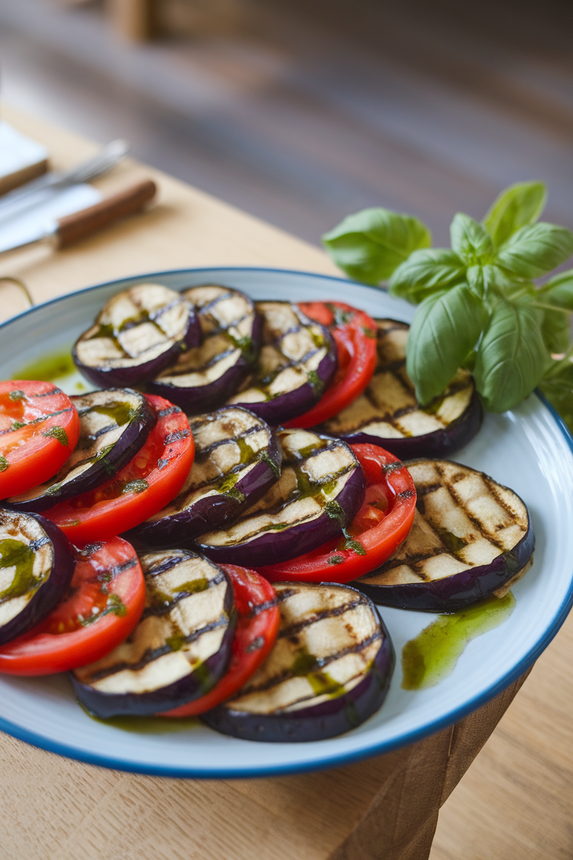 An indoor plate displaying alternating rounds of grilled eggplant and tomato drizzled with green basil oil. No text or logos; photography only.