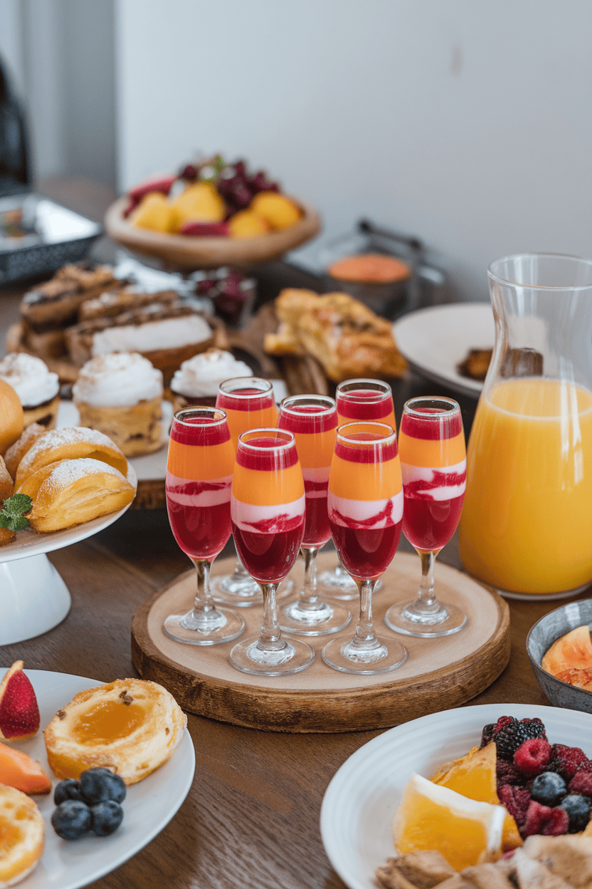 Indoor brunch spread with layered orange and cranberry jello shots served in mini champagne flutes, no brand marks