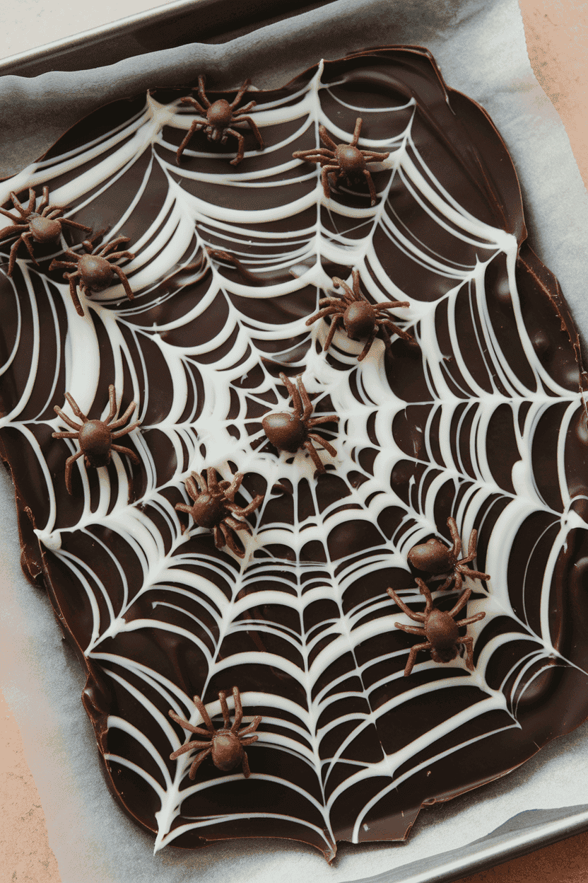 Indoor baking sheet with dark chocolate bark swirled with white chocolate webs and sprinkled with tiny candy spiders. No text or logos.