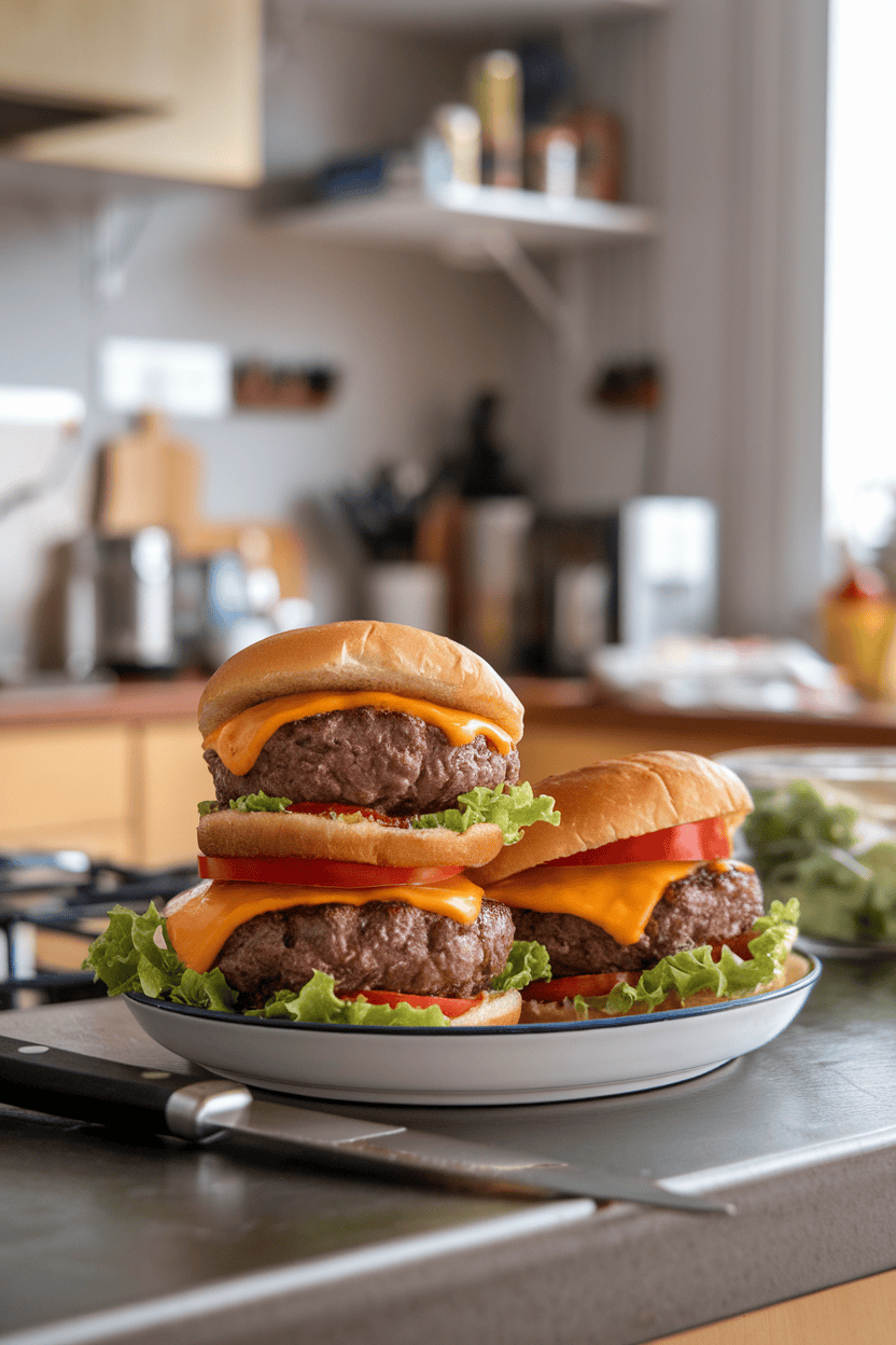 An indoor kitchen counter featuring a plate of juicy cooked beef burgers stacked with melted cheddar, lettuce, and tomato, soft lighting highlighting grill marks on the patties. No text or logos visible. Photo, not illustration.