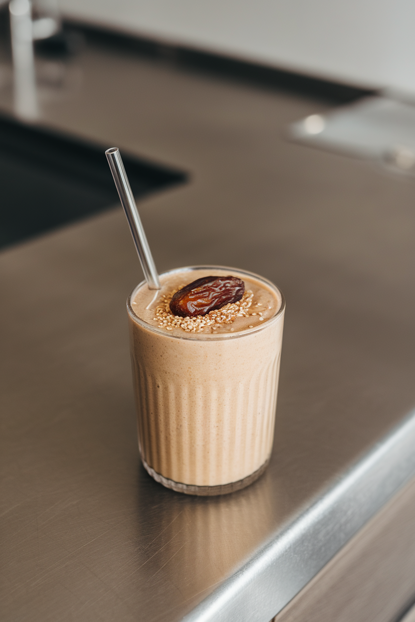 Glass of creamy beige smoothie on an indoor countertop, garnished with a date and sesame seeds nearby. No text or logos.
