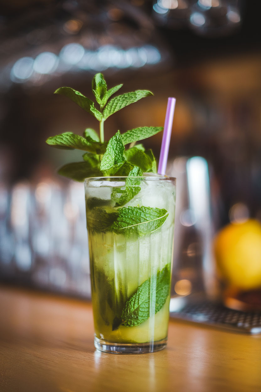 Indoor bar top with a tall glass of bright green mojito, mint sprigs towering, and purple paper straw. No text or logos present. Photo, not illustration.