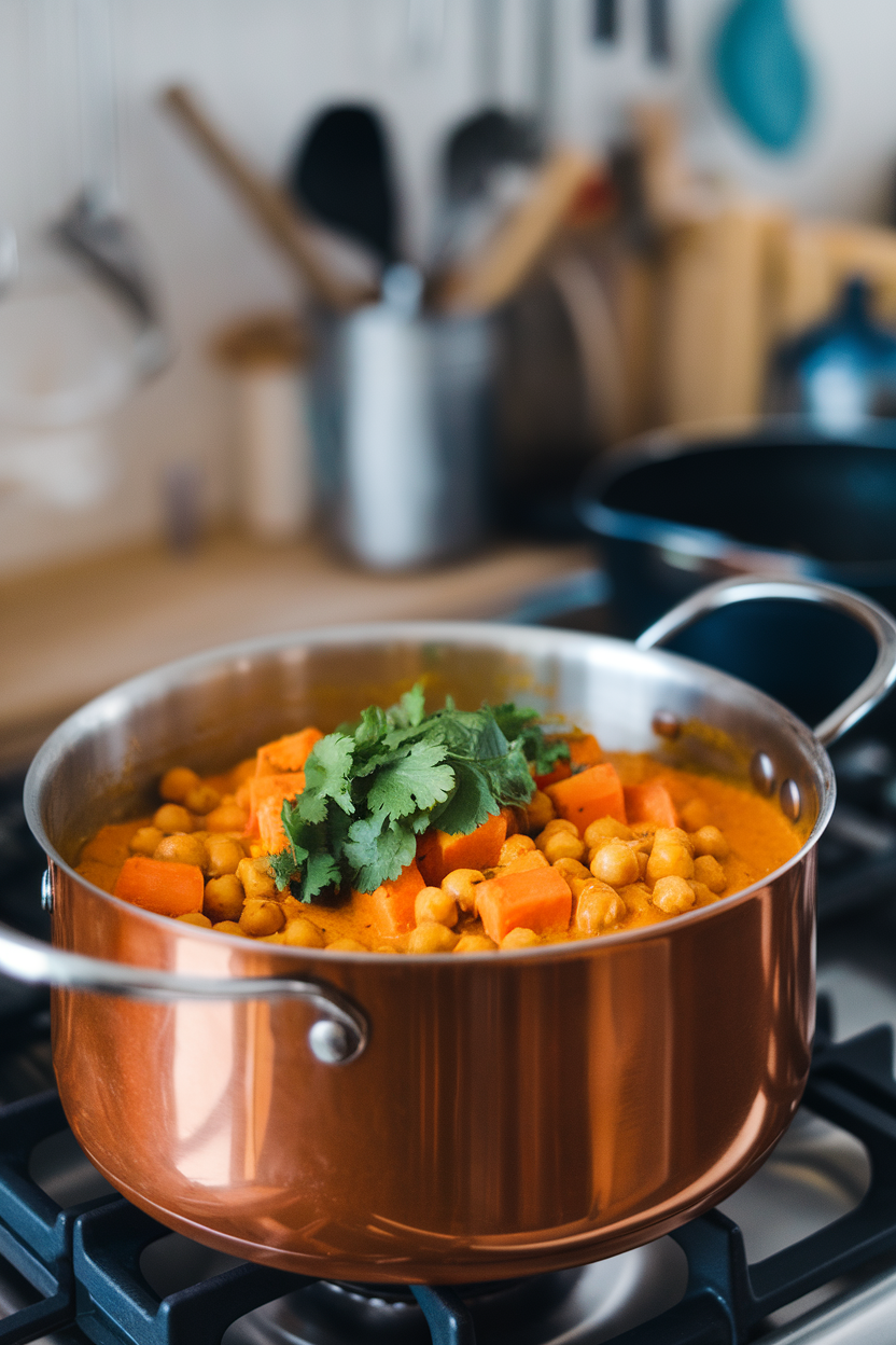A pot on an indoor range showing vibrant orange curry with sweet potato chunks and chickpeas, cilantro garnish. No text or logos, photo.