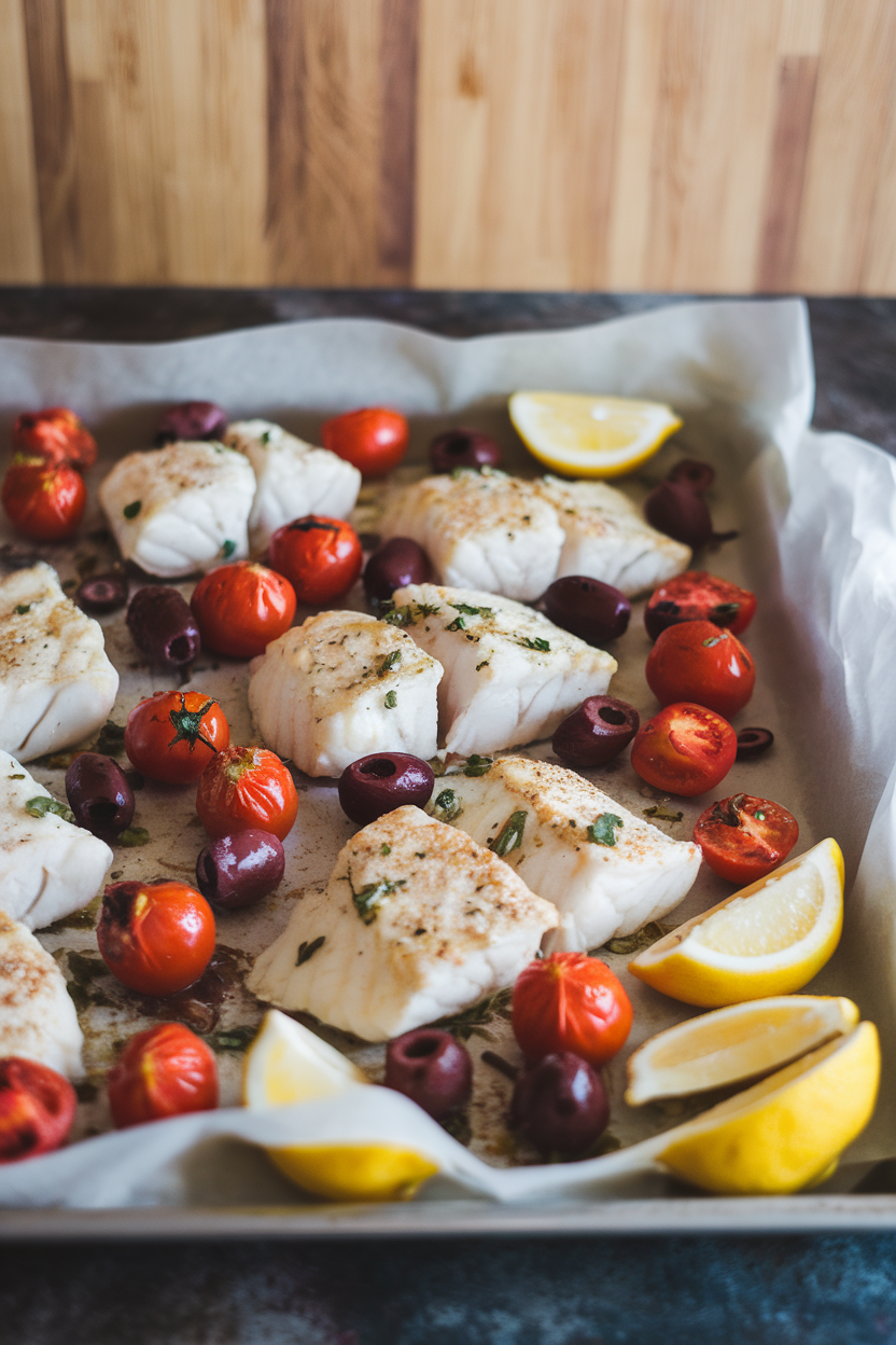 An indoor kitchen counter displaying a parchment-lined sheet pan filled with cooked cod fillets, burst cherry tomatoes, Kalamata olives, and lemon slices. No brand names or text visible; photography only.