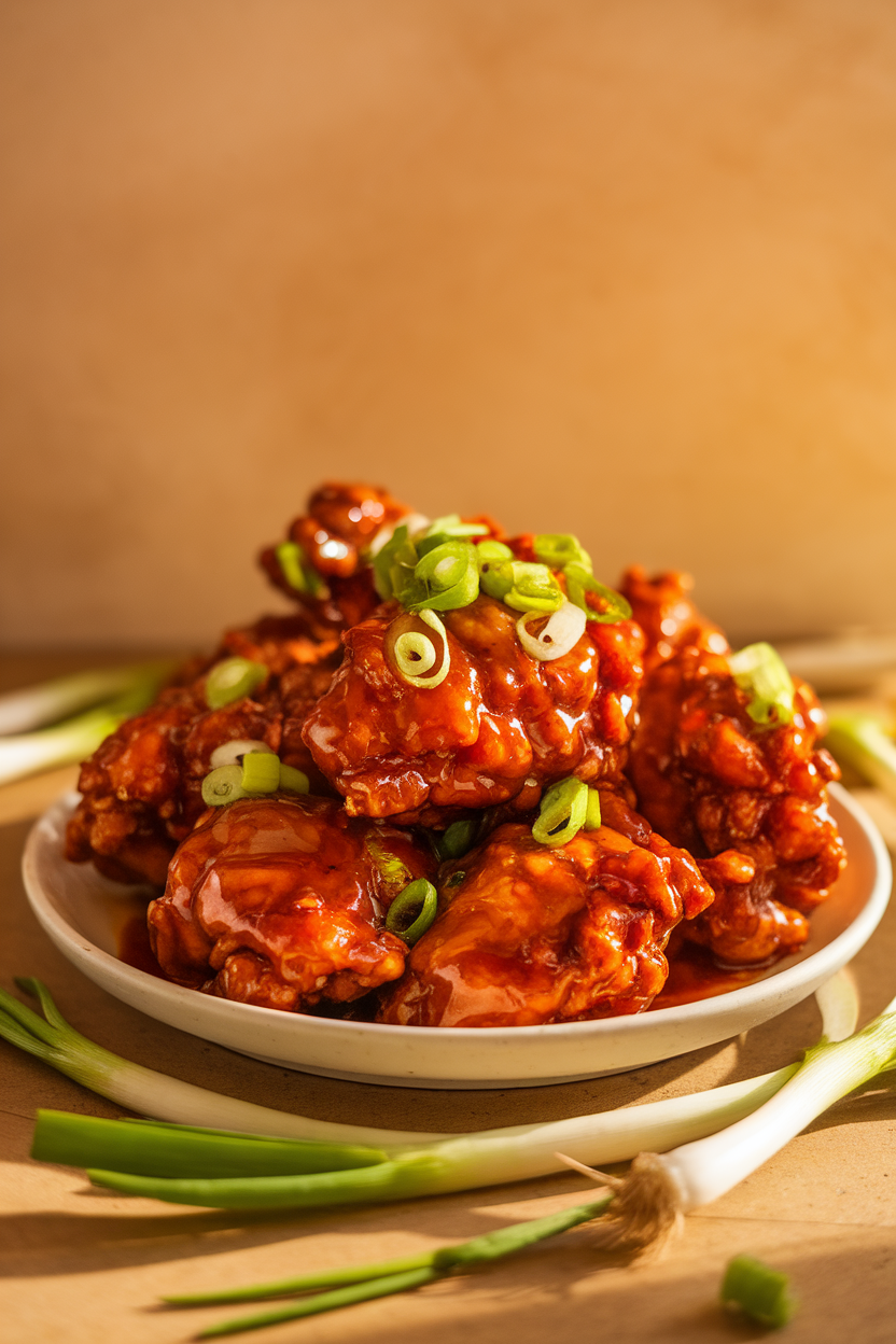 Indoor photo of crispy General Tso’s chicken pieces glazed in spicy-sweet sauce, garnished with green onions, no text or logos. Photo only.