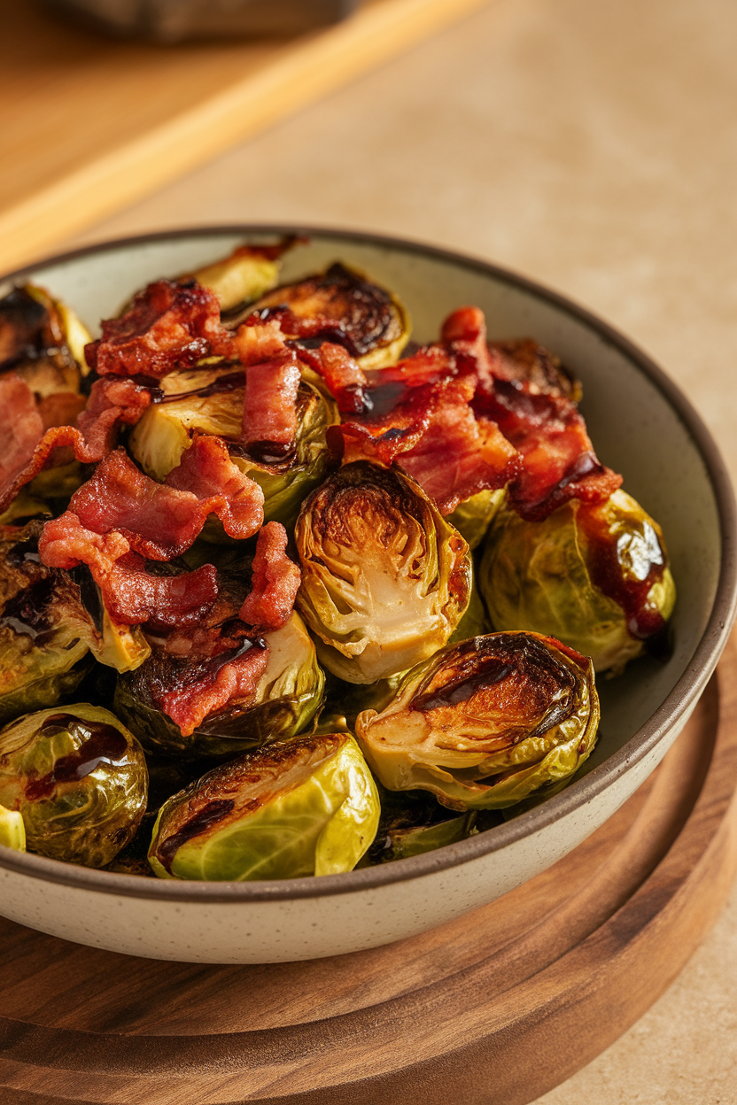 Serving bowl of roasted Brussels sprouts with crisp bacon pieces and balsamic glaze, indoor lighting. No text or logos. Photo.