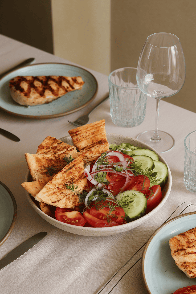 Indoor dining table set with a salad bowl containing torn toasted whole-wheat pita, ripe tomato chunks, cucumber slices, red onion, and herbs, lightly dressed. No text or logos. Photo, not illustration.