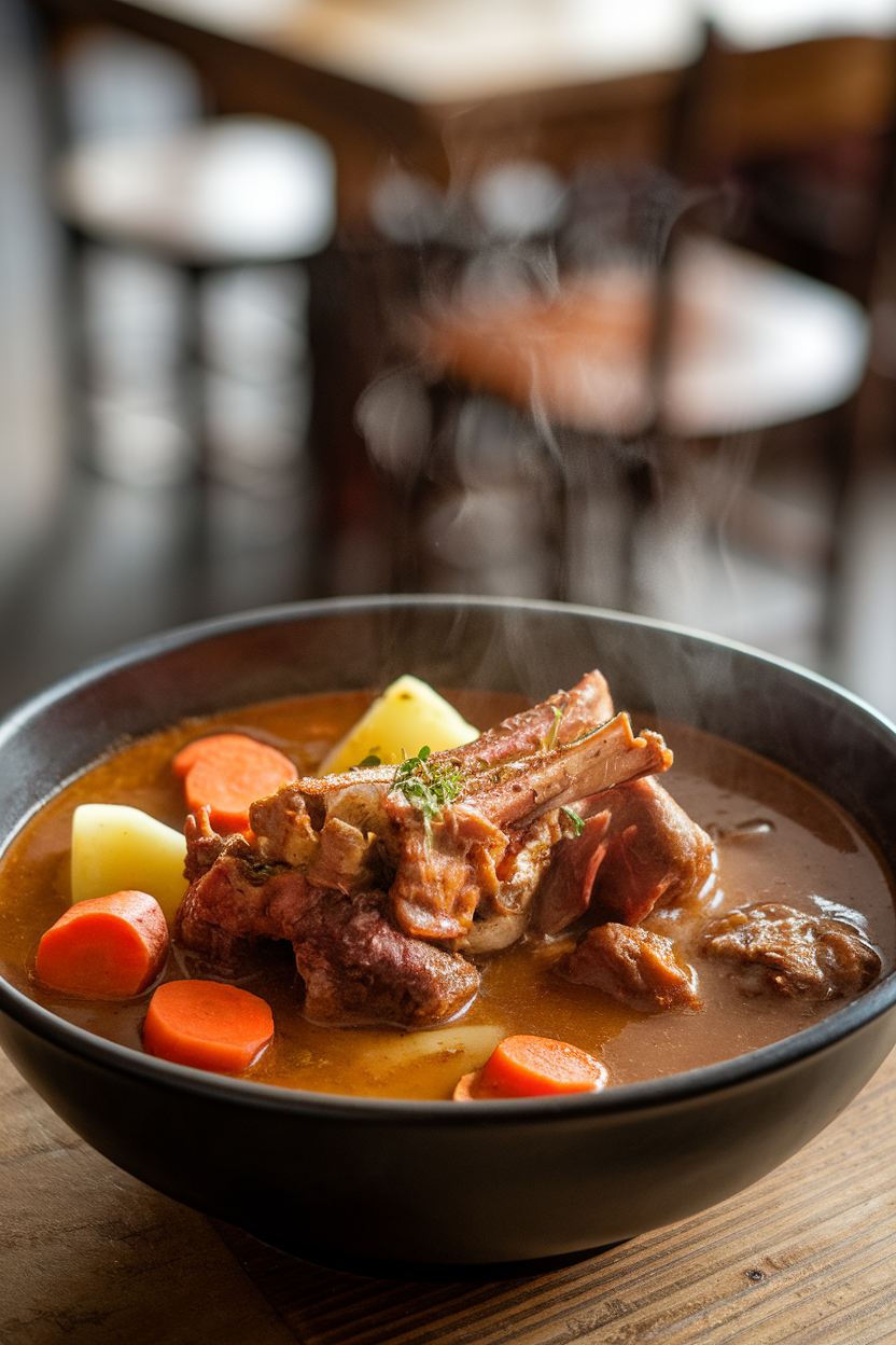 Indoor photo of a deep bowl of oxtail stew—rich brown broth, tender oxtail pieces, carrots, and potatoes—steam rising. No text or logos.