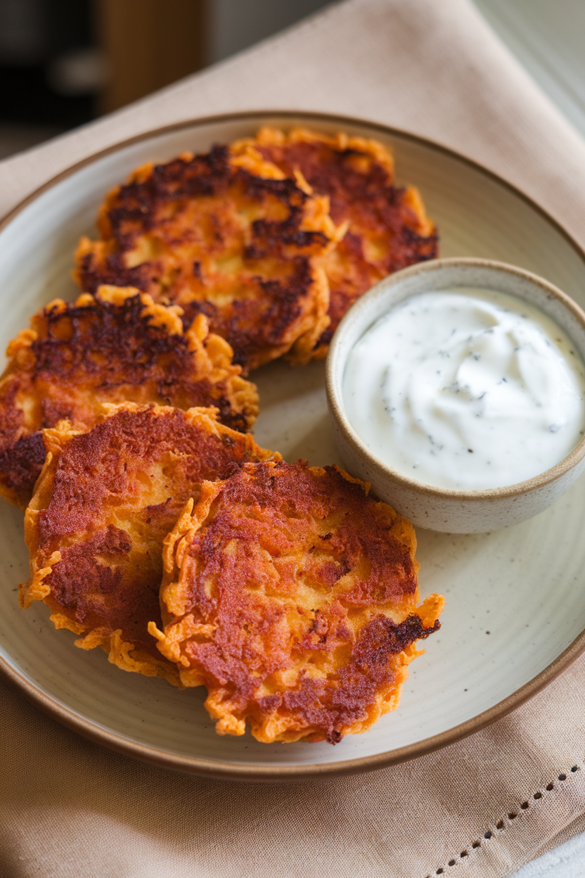 Photo of round sweet potato patties with crispy edges on an indoor plate, yogurt dip on the side; no text or logos.