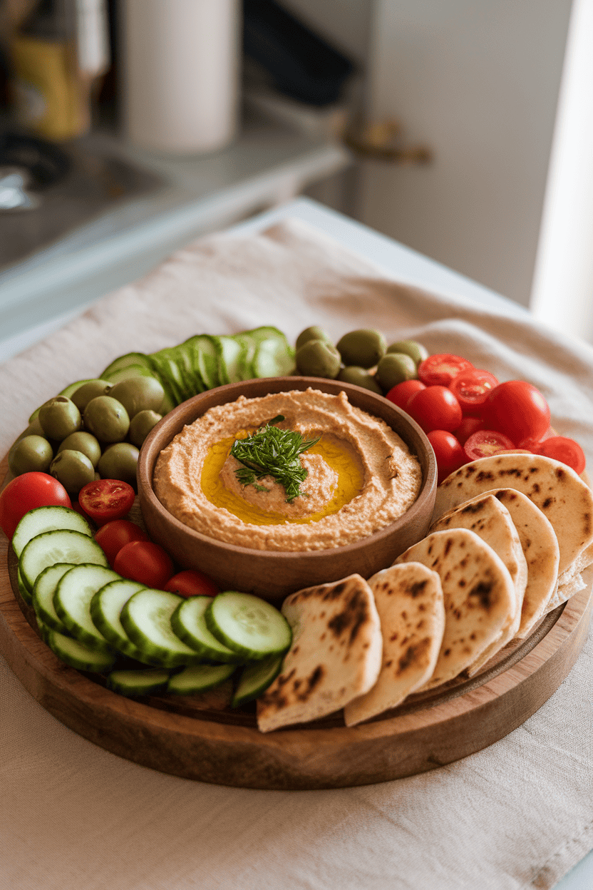 An indoor serving board featuring a bowl of creamy hummus surrounded by sliced cucumbers, cherry tomatoes, olives, and warm pita wedges. No text or logos; photo.