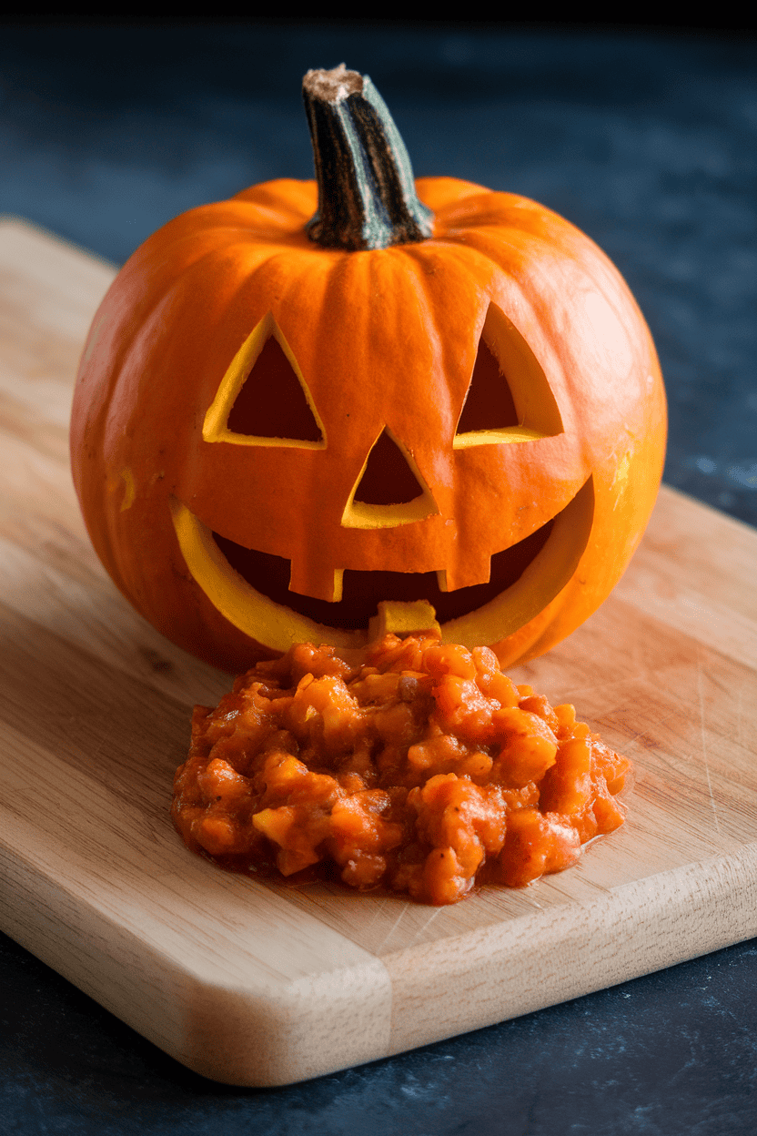 Indoor cutting board with a carved mini pumpkin “face” set in front of a loose pile of chunky salsa spilling from its mouth. No text or logos.