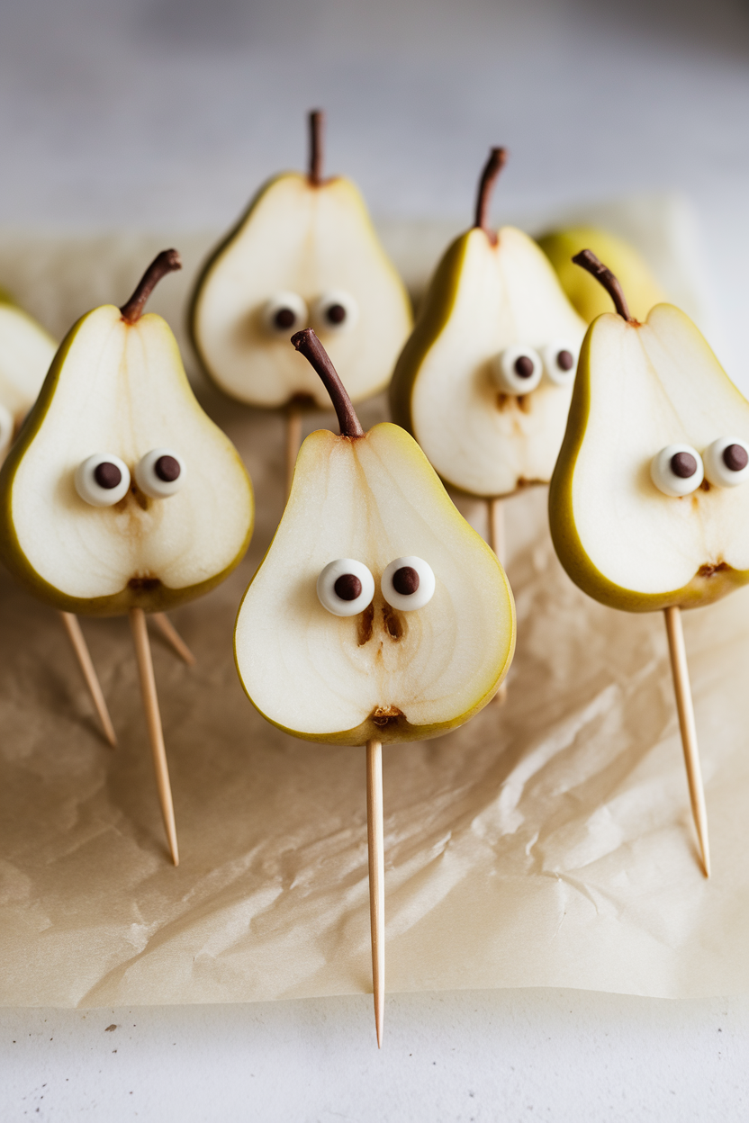 Pear halves indoors on sticks, dipped in white chocolate and set on parchment, mini dark-chocolate chip eyes staring upward. No text or logos.