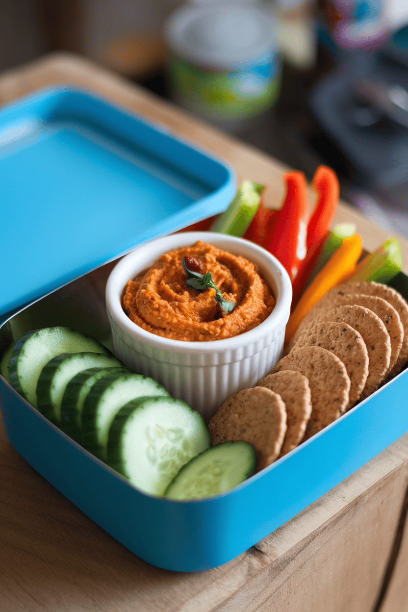 Indoor bento box with a ramekin of muhammara dip, sliced cucumbers, bell pepper sticks, and whole-grain crackers. No logos visible.