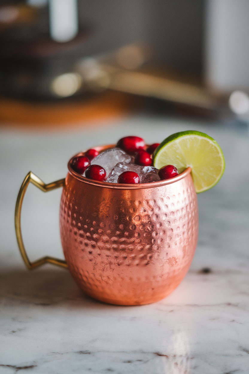 Photo of a classic copper mug on an indoor marble countertop, brimming with a cranberry Moscow mule, ice piled high, fresh cranberries floating on top, and a lime wedge garnish. No text or logos present.