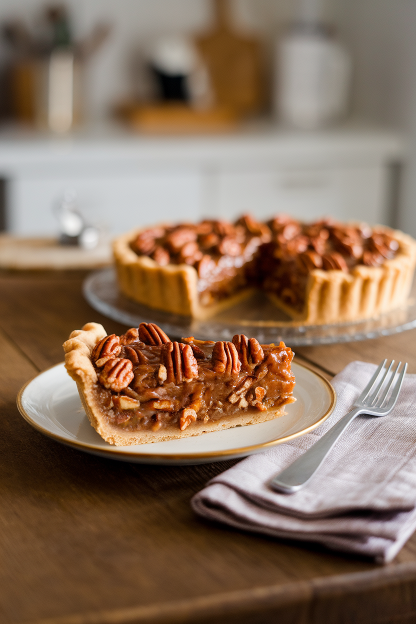 A wooden indoor kitchen table displaying a slice of caramel pecan pie with glossy topping, alongside a fork and linen napkin. No text or logos.