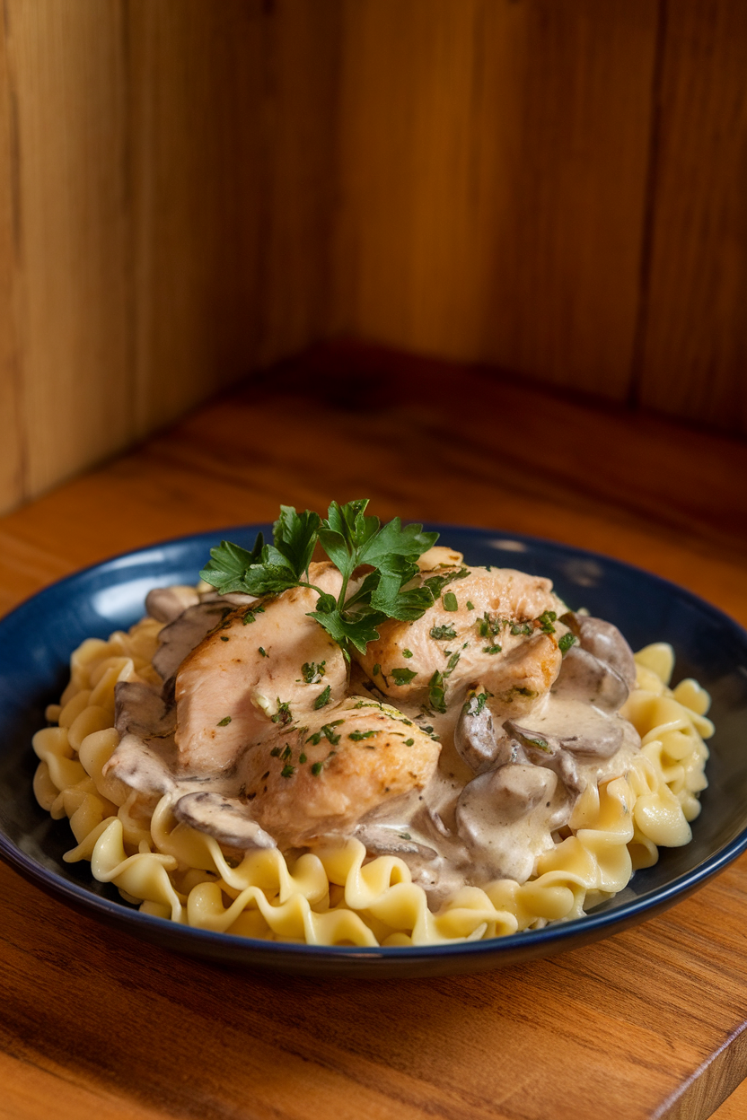 Indoor plate of chicken stroganoff over egg noodles, creamy mushroom sauce and parsley on top. No logos. Photo.