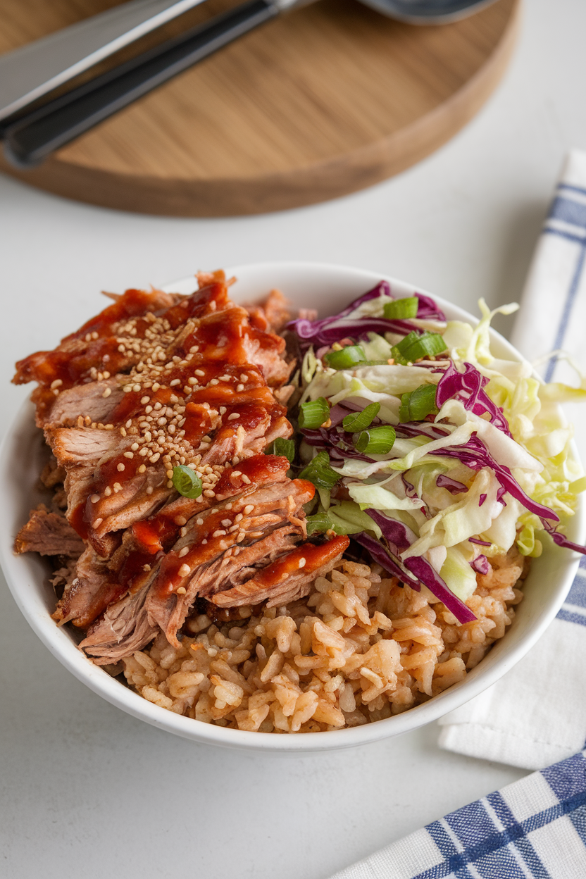 Photo of a bowl indoors with shredded BBQ pork on one side and colorful cabbage slaw on the other, served over brown rice. No text or logos.