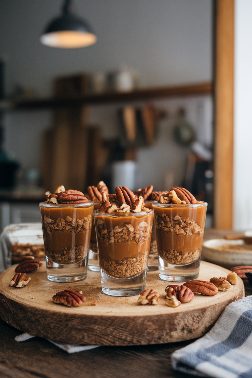 An indoor dessert tray holding clear shot glasses layered with a crumbly pecan crust, gooey date caramel, and chopped toasted pecans on top. No text or logos.