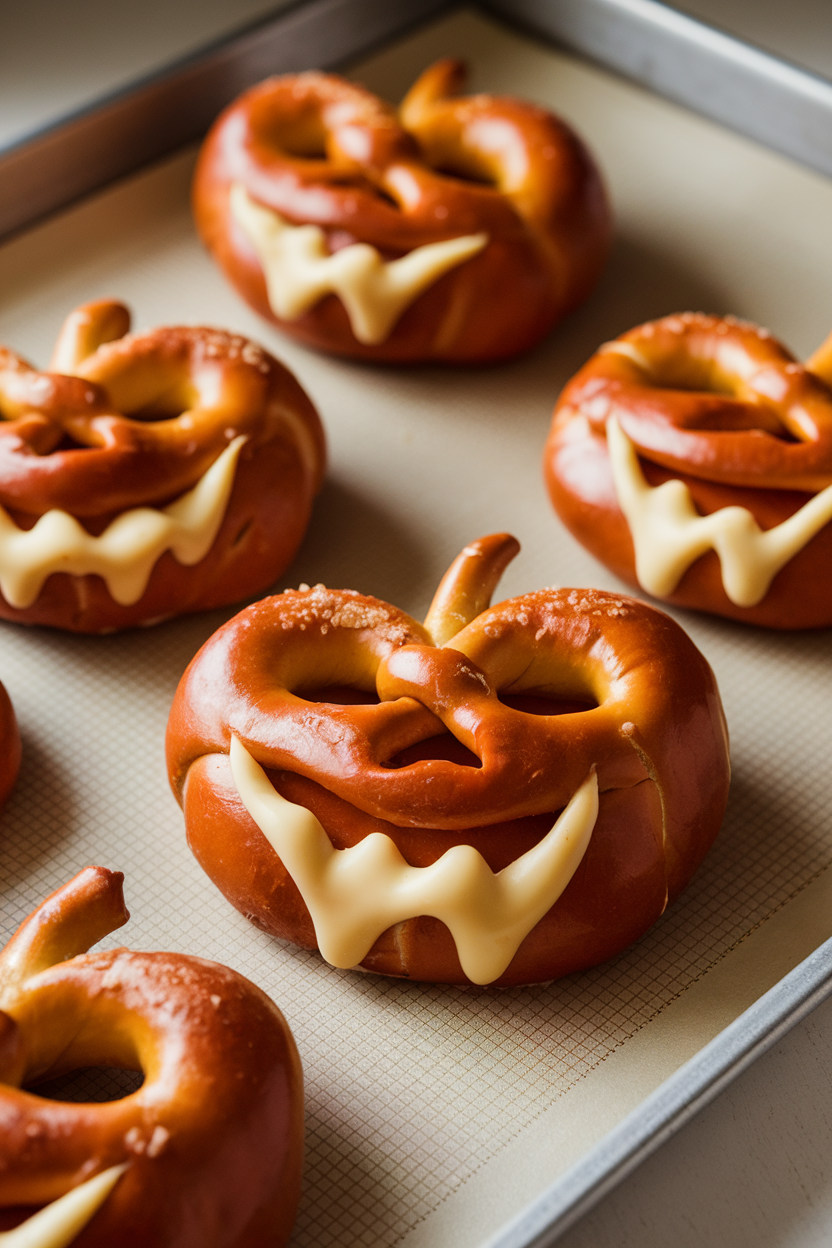 Photo of soft pretzels shaped like pumpkins, cheese oozing from carved eye and mouth slits, indoor baking sheet scene, no text or logos.