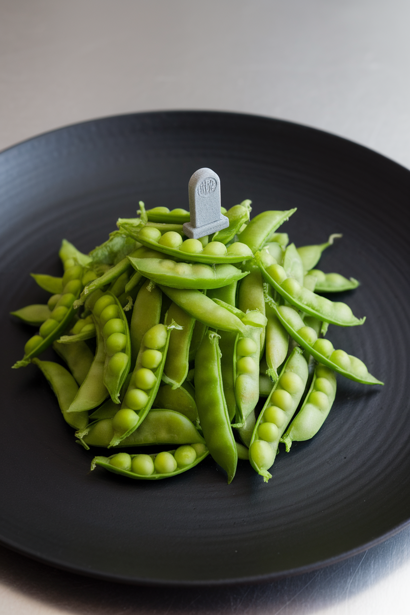 Indoor photo of a mountain of bright green sugar snap peas arranged in a rough pyramid on a matte black plate, a tiny plastic tombstone pick stuck on top. No text or logos.