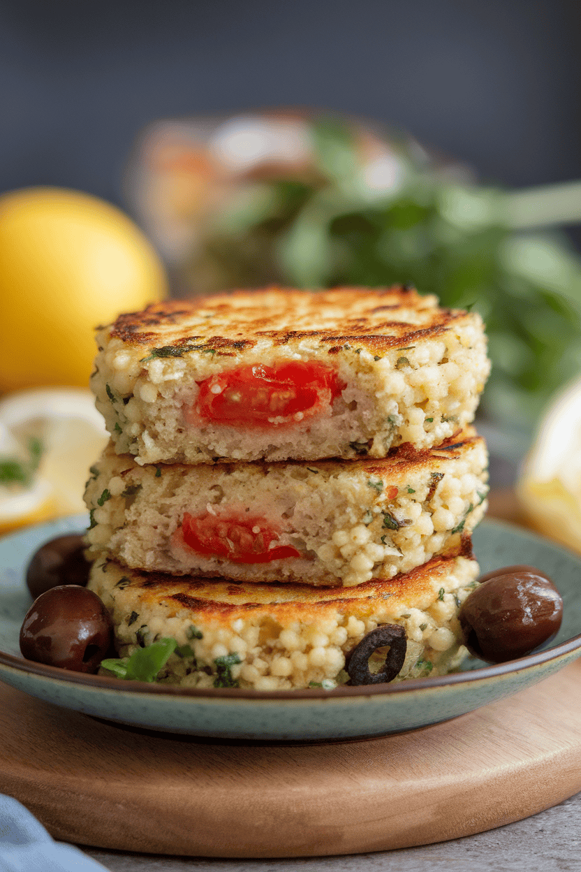 Indoor photo of pan-seared couscous patties studded with tomatoes and olives, stacked on a small plate. No text or logos.