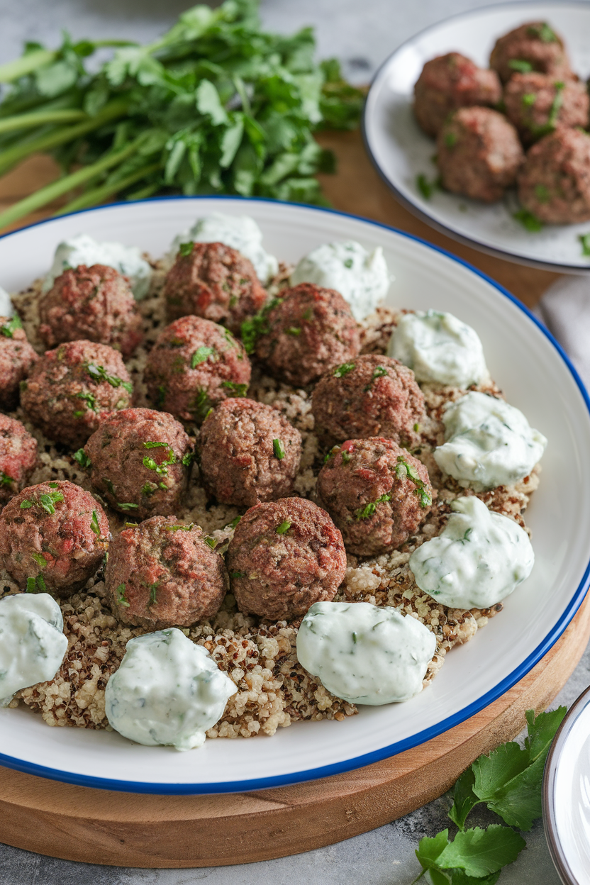 Indoor platter with small beef-lamb meatballs arranged on quinoa, dollops of tzatziki scattered around; no logos or text.
