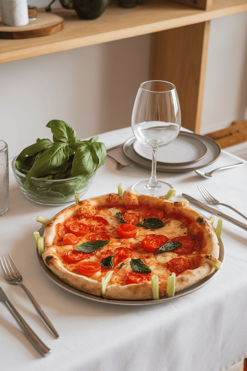 Indoor brunch table featuring a vibrant tomato-basil pizza with celery-stick “stirrers” baked into the crust edge. No text or logos.