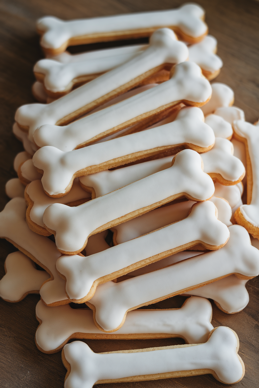 Indoor photo of long bone-shaped cookies coated in matte white icing, loosely piled like a stack of bones, no text or logos.