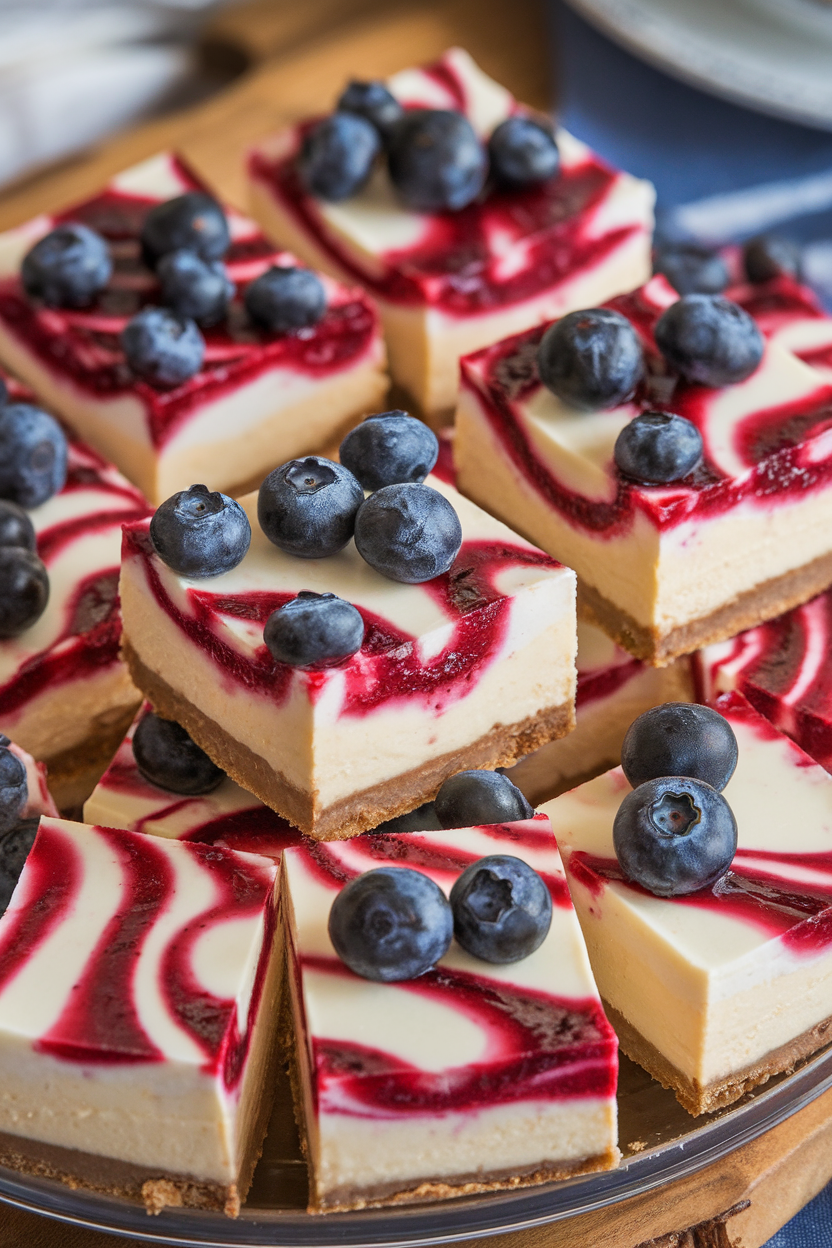 An indoor dessert table with a platter of cheesecake bars, each topped with alternating swirls of blueberry and strawberry sauce, photographed close-up. No text or logos.