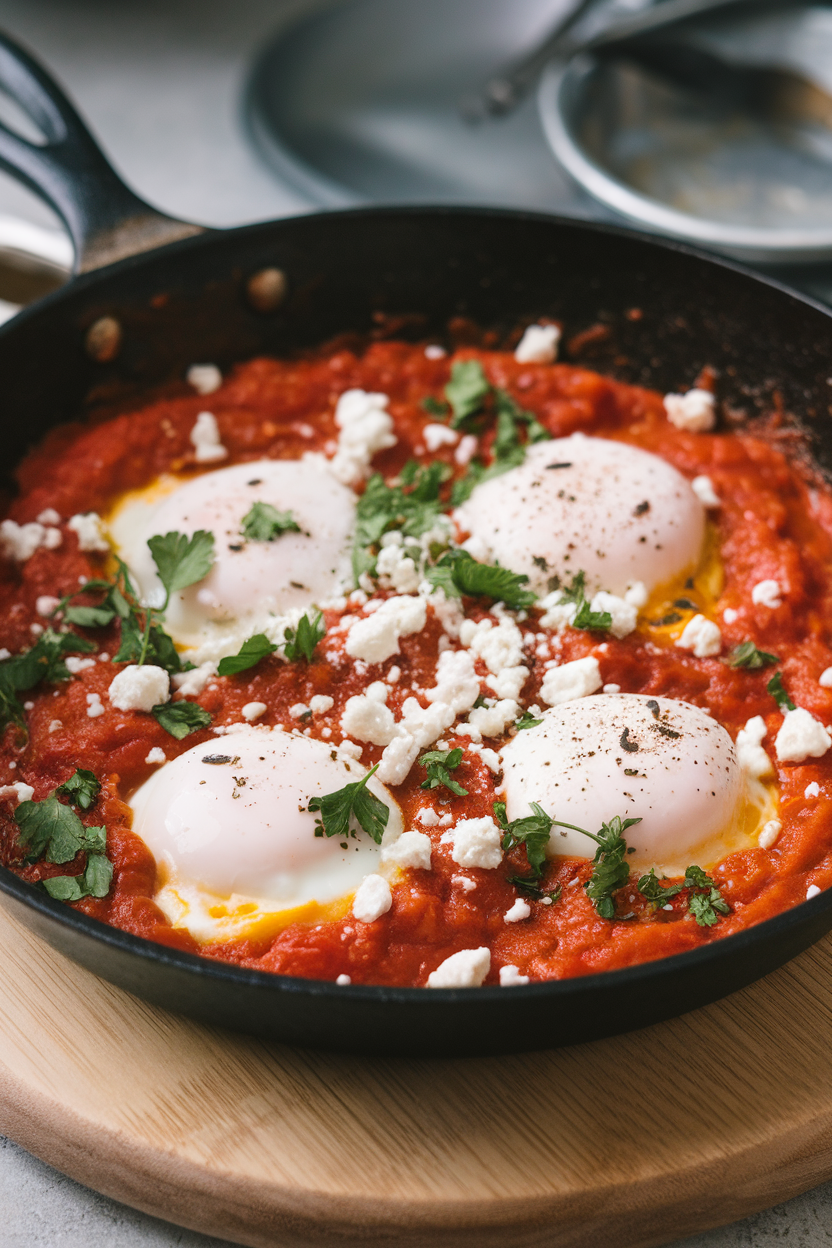 Photo of an indoor skillet filled with tomato-pepper sauce and poached eggs, sprinkled with crumbled feta and parsley; no text or logos.