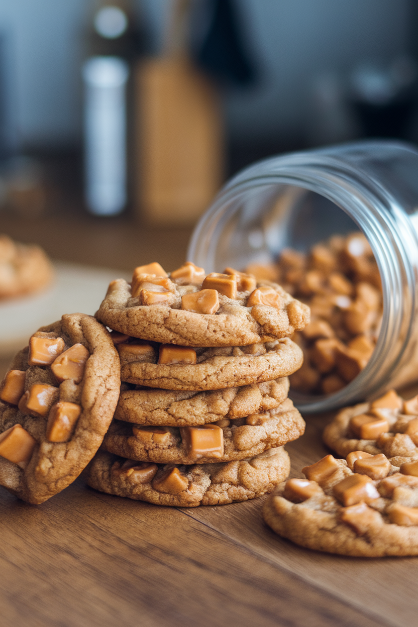 An indoor cookie jar tipped on its side spilling browned-butter toffee cookies onto a wooden table, visible toffee bits melted throughout. No text or logos. Photo, not illustration.