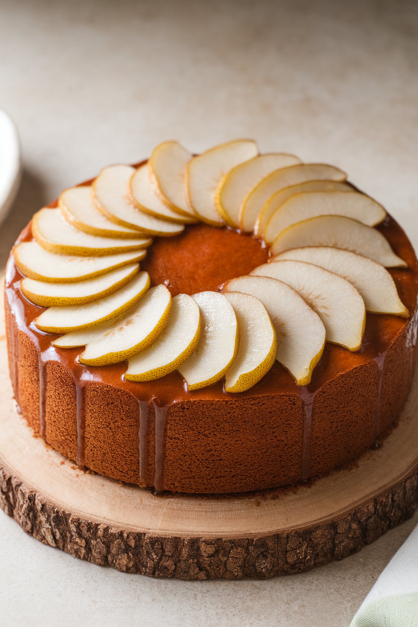 A rustic almond cake indoors with sliced pears fanned atop the batter, lightly glazed for shine, sitting on a wooden cake board. Photo only, no text or logos.