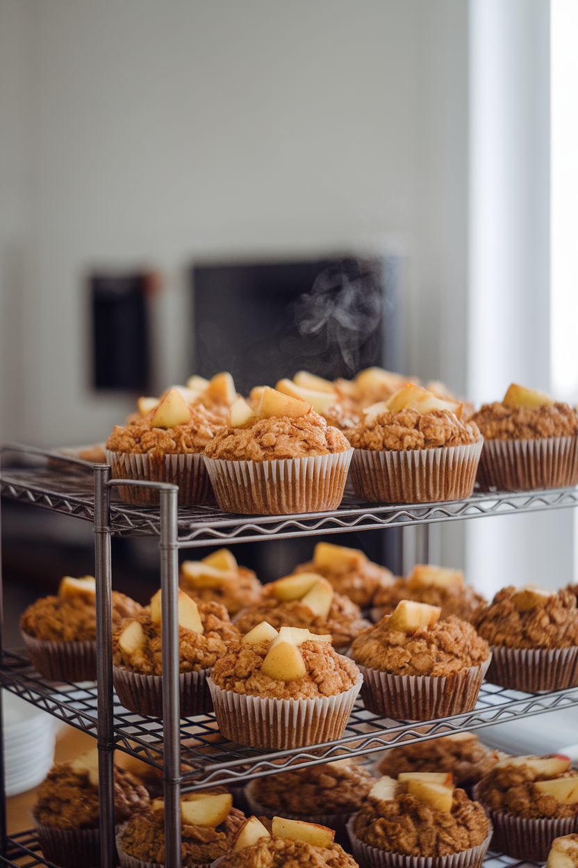 An indoor bakery rack with freshly baked oatmeal muffins dotted with apple chunks, steam faintly visible, shot at eye level. No text or logos in view.