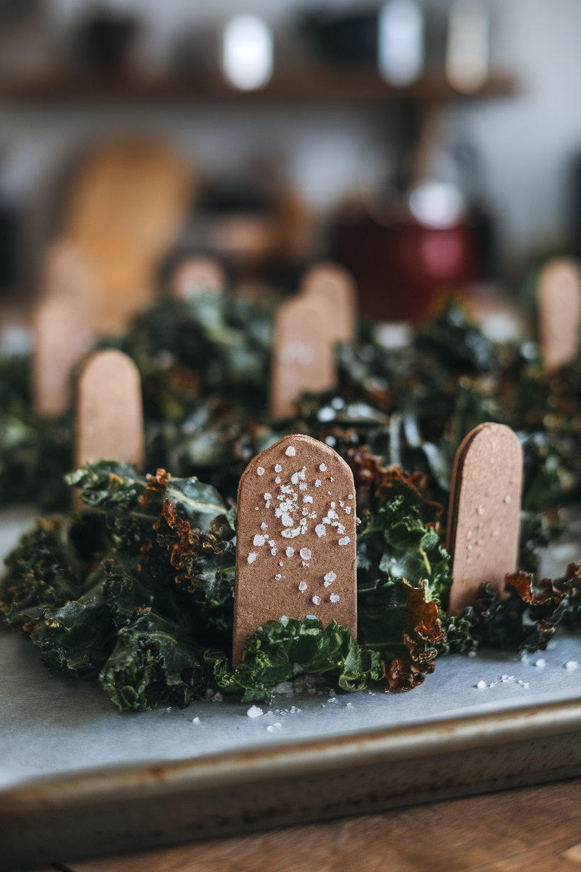 Indoor photo of dark green kale chips heaped around miniature cardboard tombstones on a baking sheet, coarse salt sparkling like dew. No text or logos.