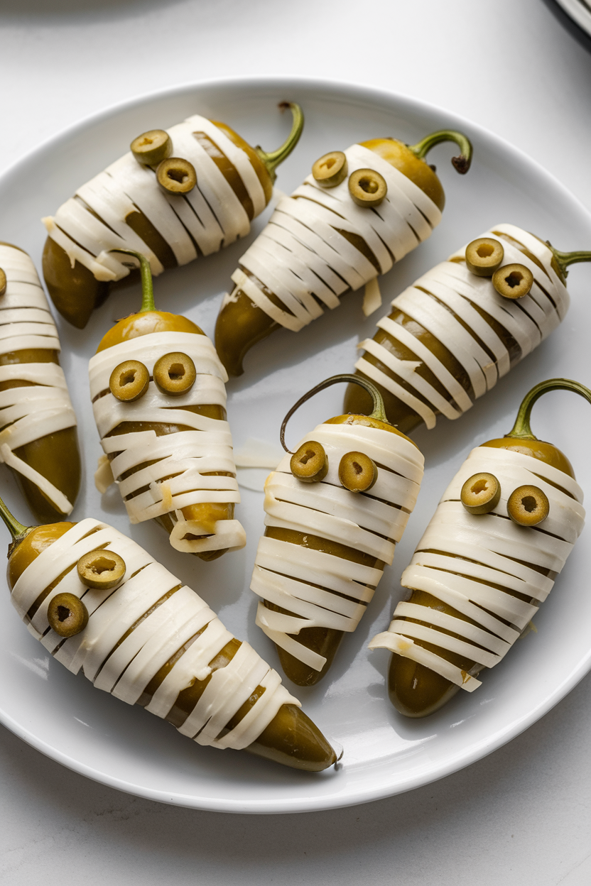 Photo of baked jalapeño poppers wrapped in white cheese strips like ghosts, olive eyes, indoor plate. No text or logos.