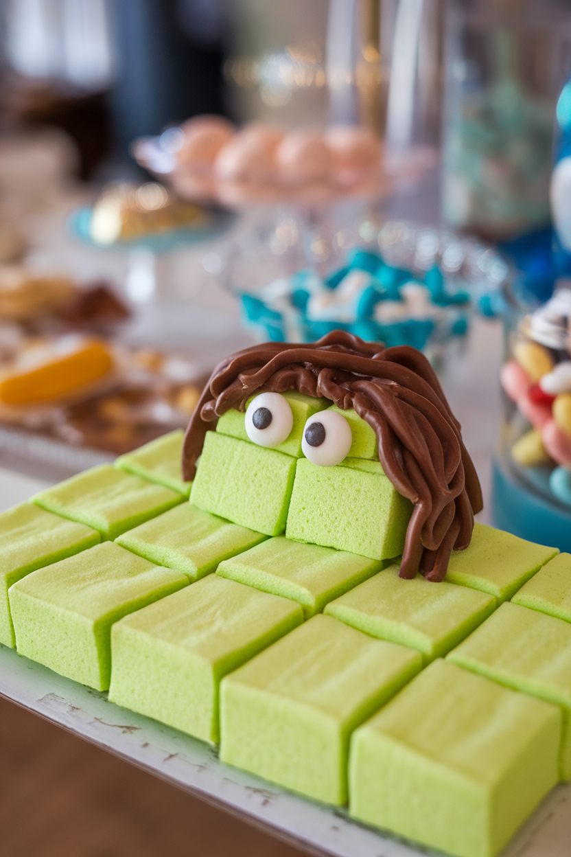 Indoor sweets table with bright green marshmallow cereal bars cut into rectangles, chocolate hair and candy eyes in place. Photo, no text or logos.